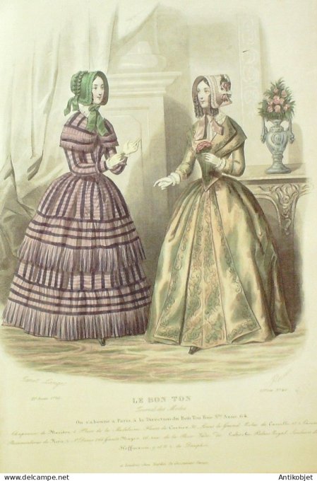 Gravure Mode Le Bon Ton 1844 # 40 (aquarelle old fashion plate)