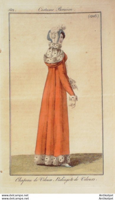 Gravure de mode Costume Parisien 1812 n°1203 Redingote de velours