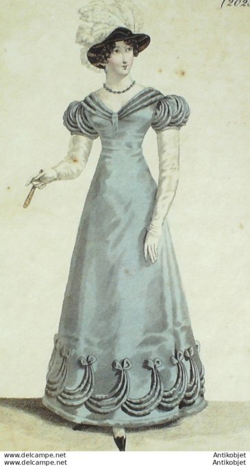 Gravure de mode Costume Parisien 1821 n°2025 Robe de gros d'été garnie
