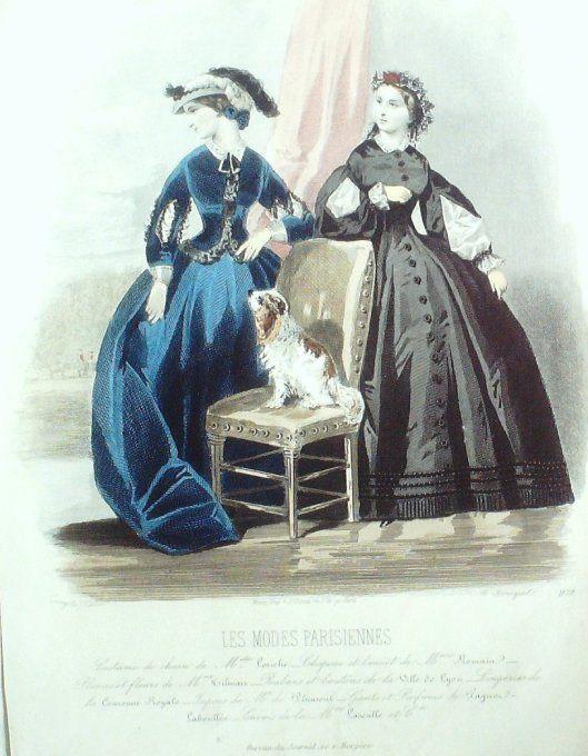 Gravure Les Modes Parisiennes 1861 # 979 Robe de chasse Amazone Maison Leriche Chien