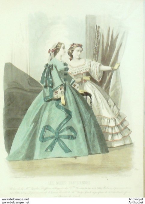 Gravure Les Modes Parisiennes 1859 # 849 Robes Organdi Maison Gagelin