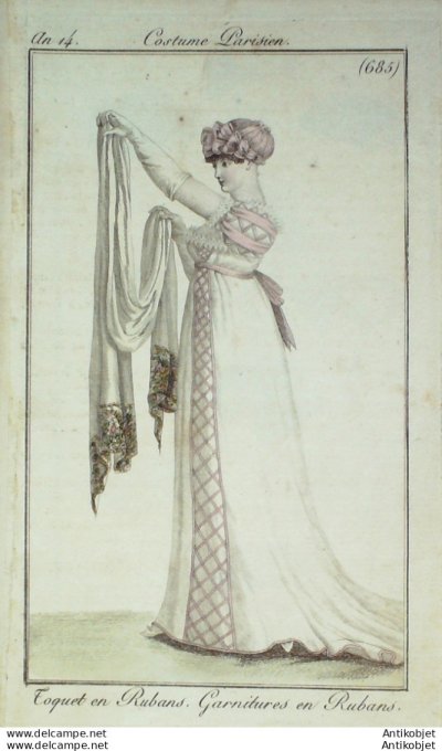 Gravure de mode Costume Parisien 1805 n° 685 (An 14) Toquet en rubans