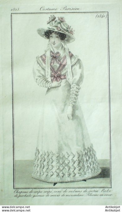 Gravure de mode Costume Parisien 1825 n°2341 Robe perkale & mousseline Pelerine