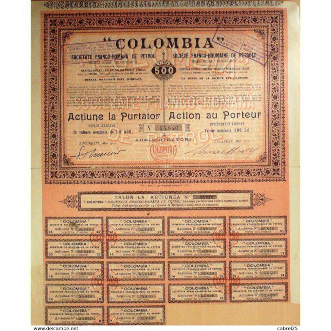 COLOMBIA-SOCIETE de PETROLE-ROUMANIE-ACTION-500 FR-1921