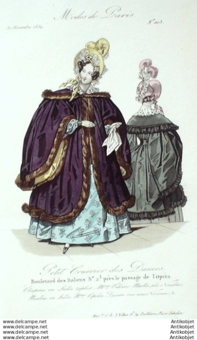 Gravure Mode Courrier des Dames 1834 # 1113 (eau forte old Fashion plate)
