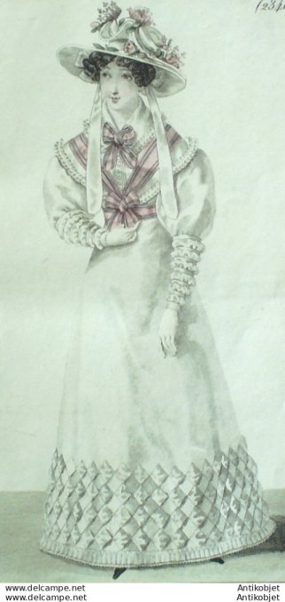Gravure de mode Costume Parisien 1825 n°2341 Robe perkale & mousseline Pelerine