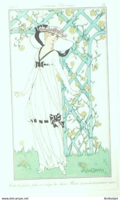 Gravure Costume Parisien 1913 # 59 Dammy (eau forte) Robe en Crêpe de Chine