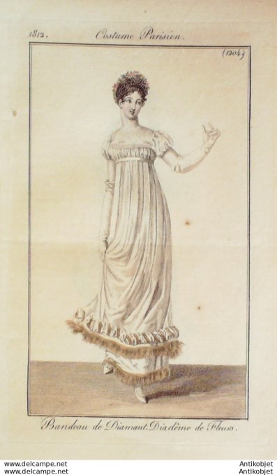 Gravure de mode Costume Parisien 1812 n°1204 Diadème de fleurs