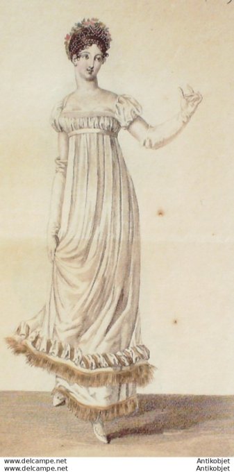 Gravure de mode Costume Parisien 1812 n°1204 Diadème de fleurs