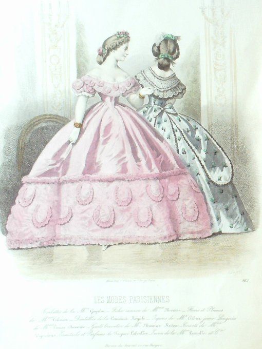 Gravure Les Modes Parisiennes 1861 # 982 Robes de la Cour Maison Gagelin