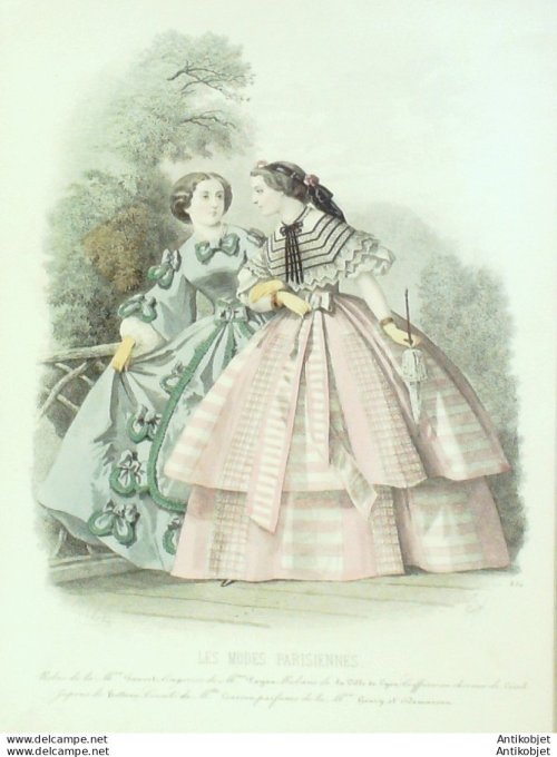 Gravure Les Modes Parisiennes 1859 # 850 Robes de promenade Maison Fauvet