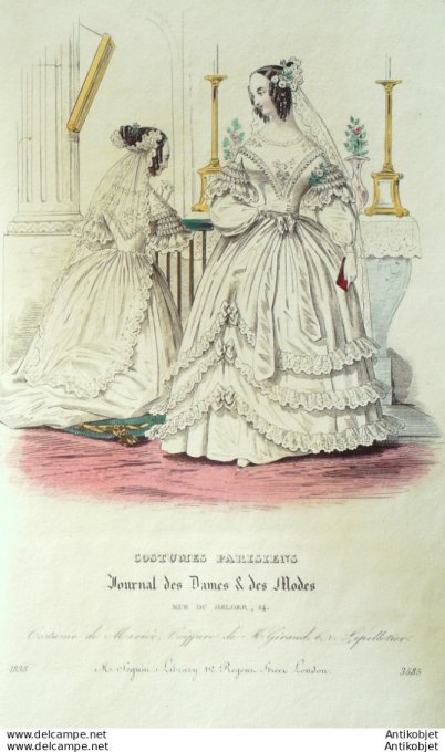 Gravure de mode Costume Parisien 1838 n°3585 Costumes de mariée dames