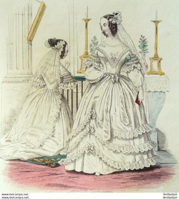 Gravure de mode Costume Parisien 1838 n°3585 Costumes de mariée dames