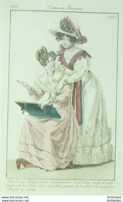 Gravure de mode Costume Parisien 1825 n°2335 Fichu Pélerine mousseline