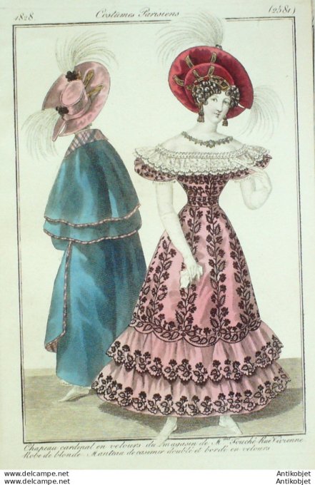 Gravure de mode Costume Parisien 1828 n°2581 Robe de blonde  manteau de casimir