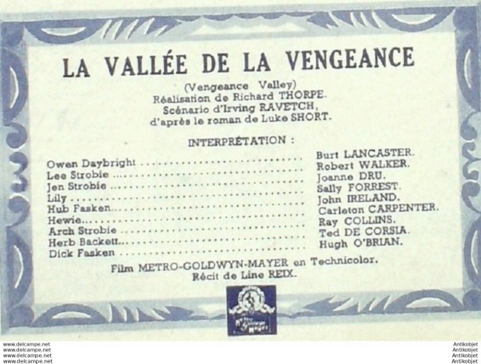 La Vallee De La Vengeance Burt Lancaster Joanne Drusally Forrest