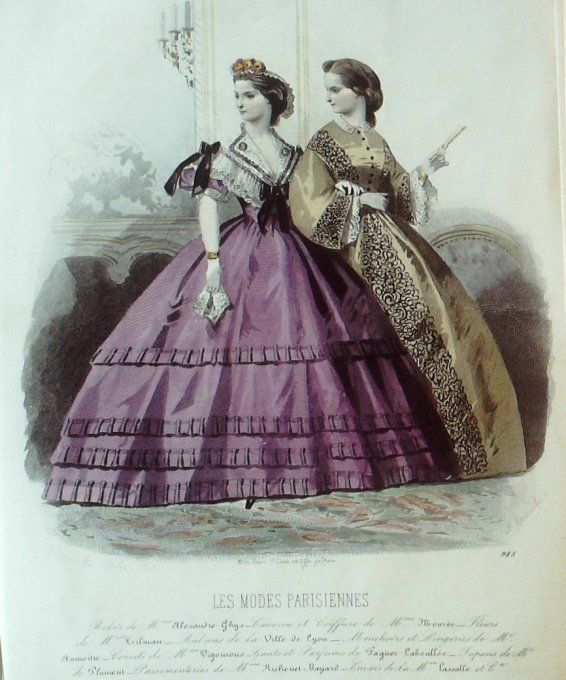 Gravure Les Modes Parisiennes 1862 # 985 Robes satin Maison Ghys