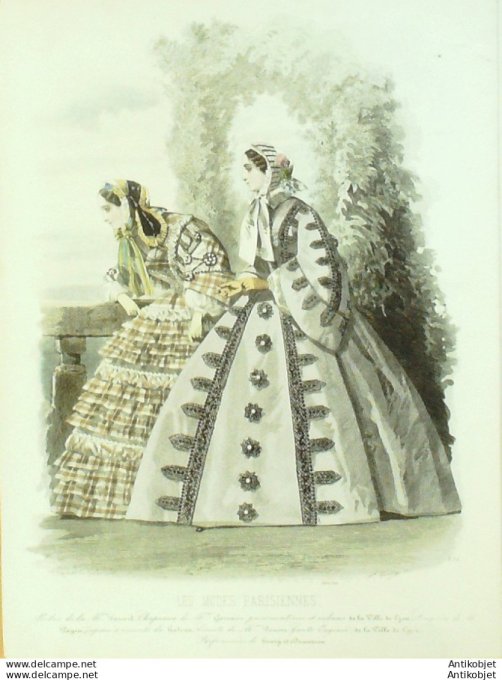 Gravure Les Modes Parisiennes 1859 # 851 Robes Bargèges Maison Fauvet