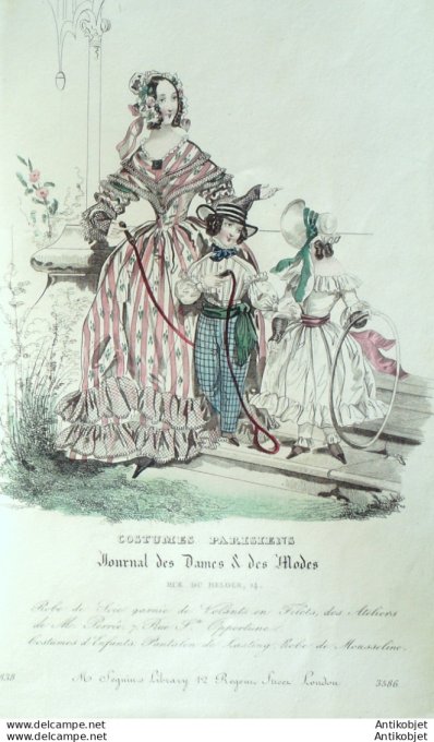 Gravure de mode Costume Parisien 1838 n°3586 Robe de soie garnie de volants