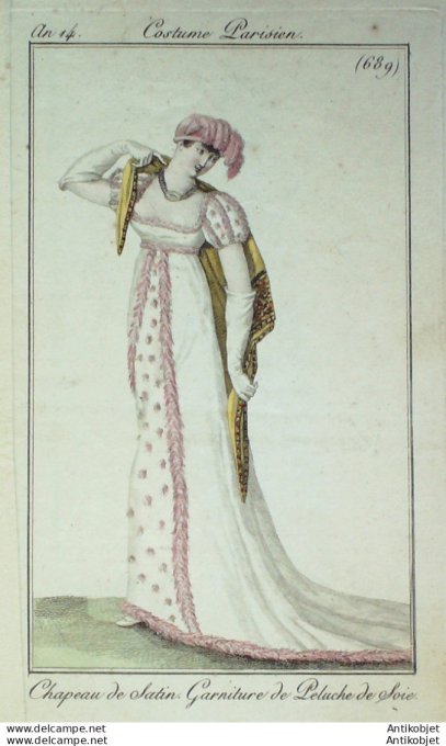 Gravure de mode Costume Parisien 1805 n° 689 (An 14) Garniture de peluche de soie