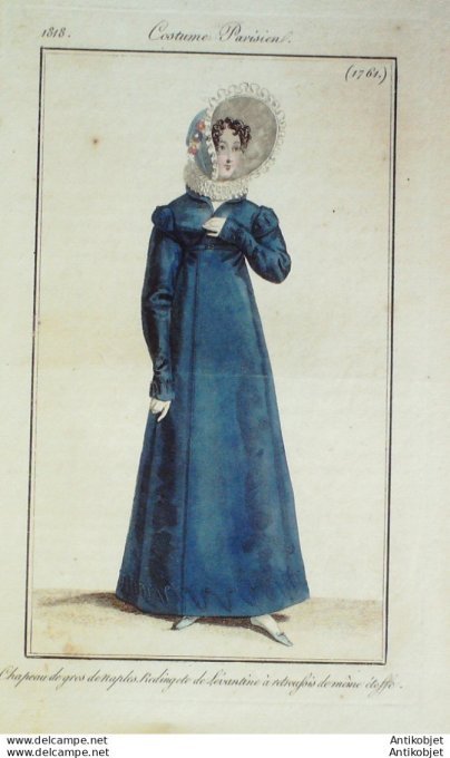 Gravure de mode Costume Parisien 1818 n°1761 Redingote de Levantine à à retrousses