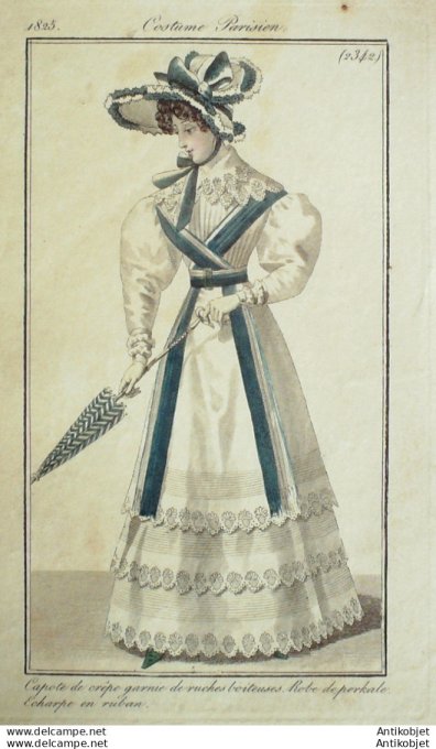 Gravure de mode Costume Parisien 1825 n°2342 Robe perkale écharpe en ruban