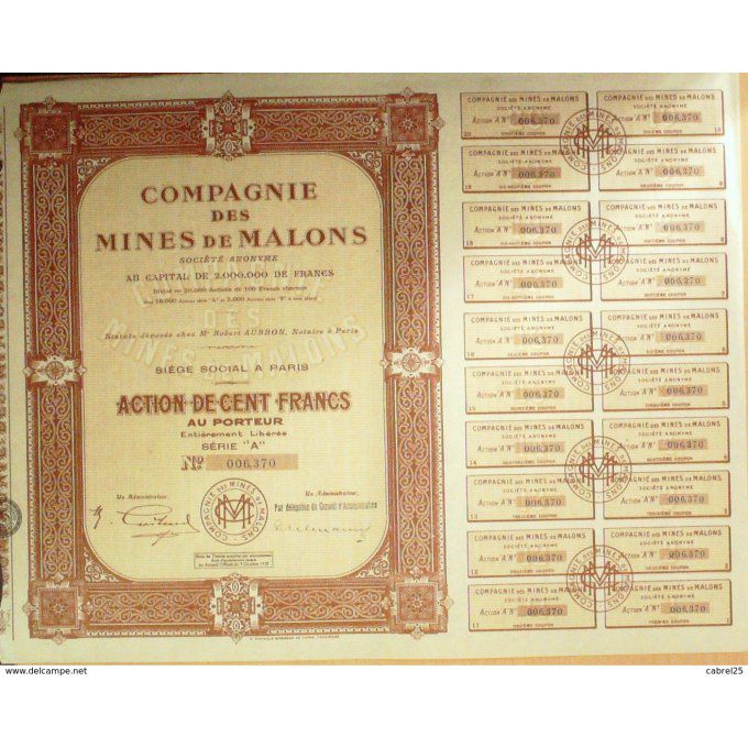 Mines Malons (30) Cie action 100 Fr 1928