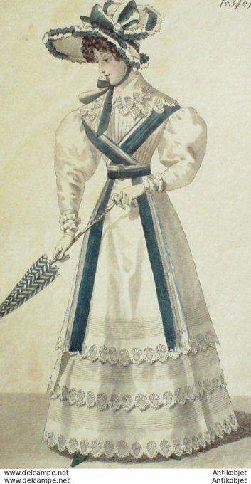 Gravure de mode Costume Parisien 1825 n°2342 Robe perkale écharpe en ruban