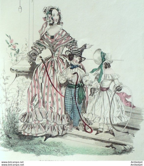 Gravure de mode Costume Parisien 1838 n°3586 Robe de soie garnie de volants