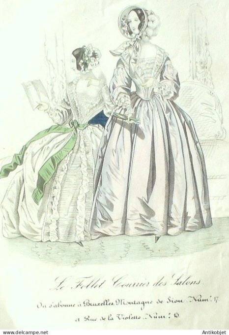 Gravure Mode Le Follet 1837 # 406 (aquarelle Old Fashion plate)