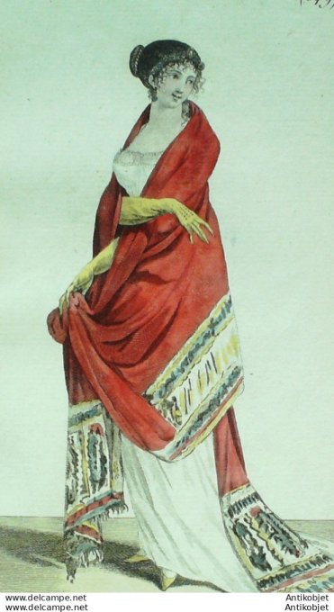 Gravure de mode Costume Parisien 1801 n° 349 (An 10) Coiffure en cheveux ornée