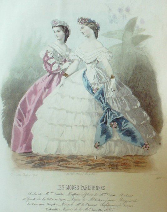 Gravure Les Modes Parisiennes 1862 # 987 Robes de Cour Maison Leriche