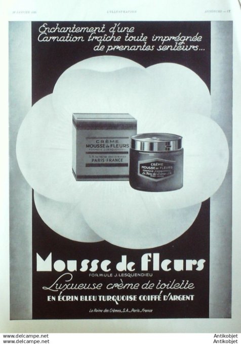 Publicite Cosmetique La Reine des cremes Mousse de fleurs 1930