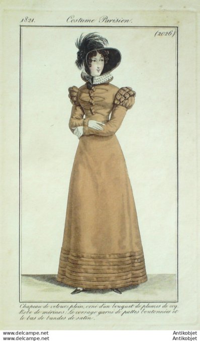 Gravure de mode Costume Parisien 1821 n°2026 Robe de Mérinos  corsage garni
