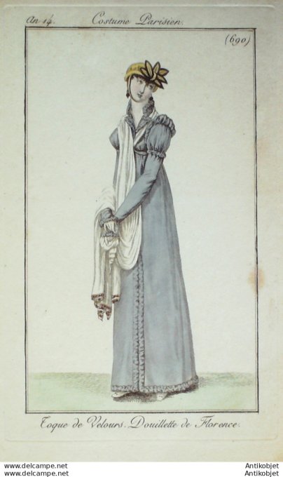 Gravure de mode Costume Parisien 1805 n° 690 (An 14) Toque Douillette de Florence