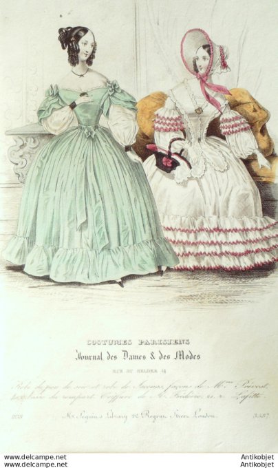 Gravure de mode Costume Parisien 1838 n°3587 Robes soie & Jaconas