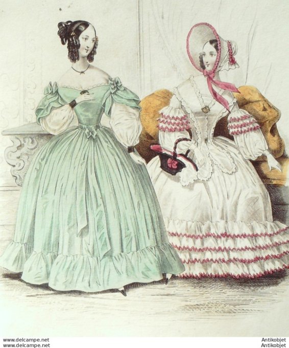Gravure de mode Costume Parisien 1838 n°3587 Robes soie & Jaconas