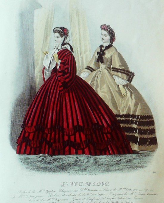 Gravure Les Modes Parisiennes 1862 # 989 Robes velours Maison Gagelin