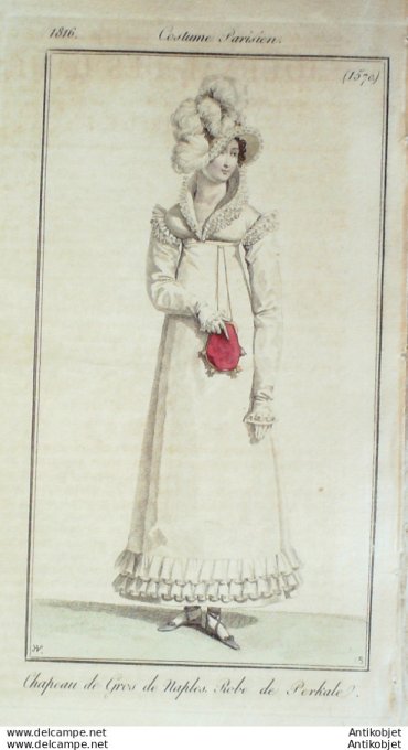Gravure de mode Costume Parisien 1816 n°1570 Robe perkale