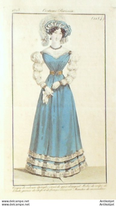 Gravure de mode Costume Parisien 1823 n°2184 Robe de crêpe de l'Inde