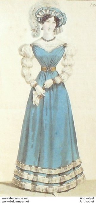 Gravure de mode Costume Parisien 1823 n°2184 Robe de crêpe de l'Inde