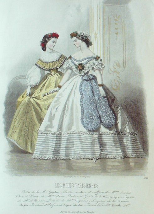 Gravure Les Modes Parisiennes 1862 # 990 Robes de bal Maison Gagelin