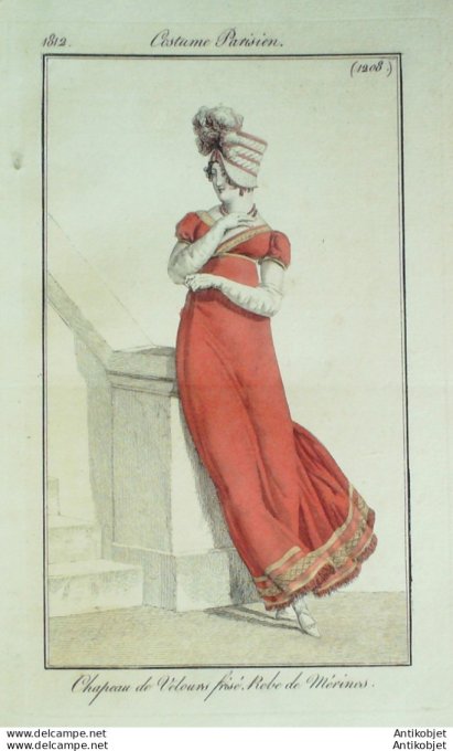 Gravure de mode Costume Parisien 1812 n°1208 Robe de Mérinos