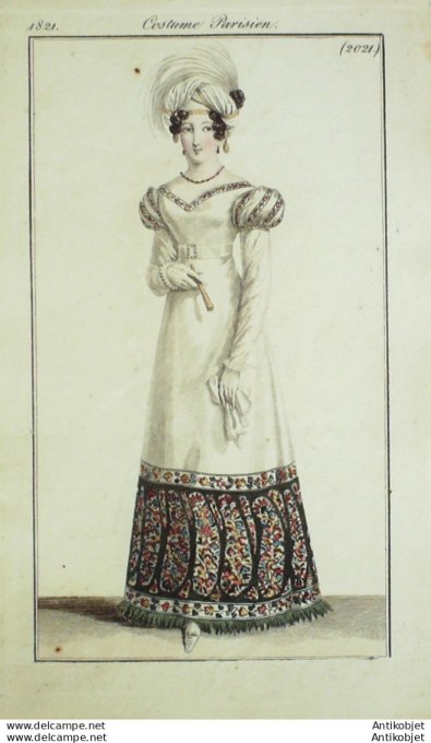Gravure de mode Costume Parisien 1821 n°2021 Robe de cachemire