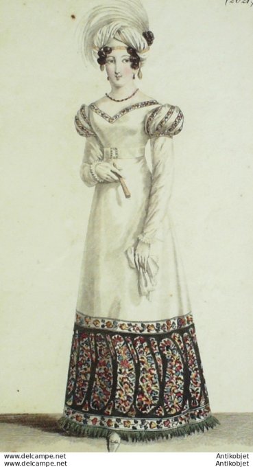 Gravure de mode Costume Parisien 1821 n°2021 Robe de cachemire