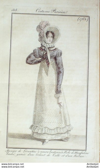 Gravure de mode Costume Parisien 1818 n°1762 Spencer de Lévantine à revers