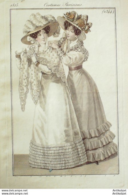 Gravure de mode Costume Parisien 1825 n°2344 Robes mousseline et perkale
