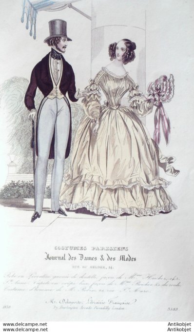 Gravure de mode Costume Parisien 1838 n°3588 Robe Lévantine costume homme