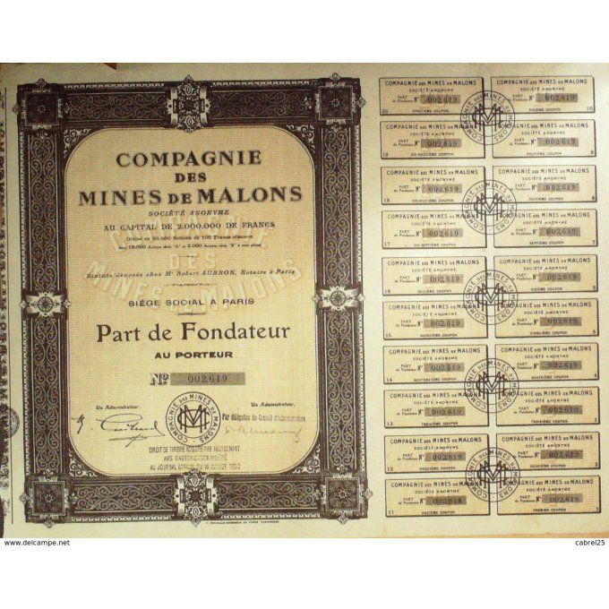 Mines De Malons (30) Cie action 100 Fr 1930