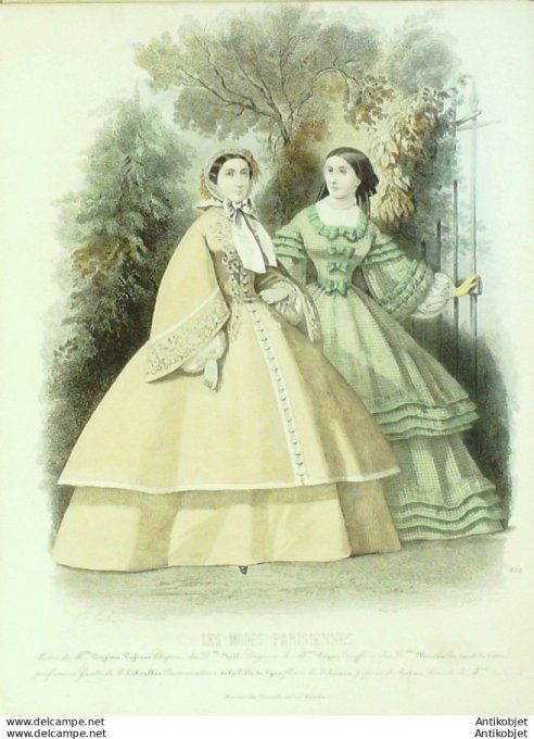 Gravure Les Modes Parisiennes 1859 # 852 Robes fil d'Ecosse Maison Vafseno
